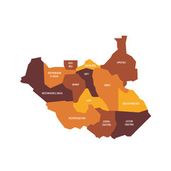 South Sudan political map of administrative divisions - states, administrative areas and area with special administrative status. Flat vector map with name labels. Brown - orange color scheme.