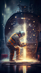 Naklejka na ściany i meble Skillful metal worker working with plasma welding machine in shipyard while wearing safety equipment. Metalwork manufacturing and construction maintenance service by manual skill labor concept.