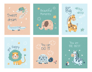 Scandinavian Africa banner set. Collection of posters with tropical animals and quotes. Elephant, giraffe, zebra, crocodile and lion. Cartoon flat vector illustrations isolated on white background