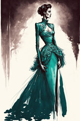 Teal Turquoise Fashion Illustration, Woman in Elegant Formal Long Dress, Glamour, Glamorous, Fancy, Beautiful, Pretty, Elegance