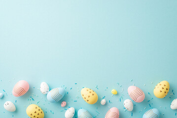 Fototapeta na wymiar Top view photo of easter decorations yellow pink blue white eggs and sprinkles on isolated light blue background with copyspace