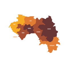 Guinea political map of administrative divisions - regions. Flat vector map with name labels. Brown - orange color scheme.