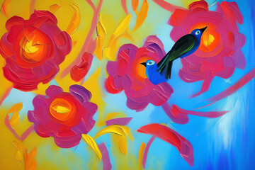 Two blue birds with red flowers colorful painting created with Generative AI Technology