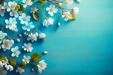 Beautiful white spring flowers on blue background with copy space. Illustration AI