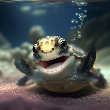 Cute smiling baby of the sea turtle underwater. Illustration AI 