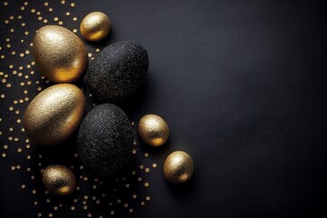 Black and golden painted Easter eggs with glitter and decoration on black background with copy space. Illustration AI