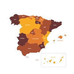 Spain political map of administrative divisions - autonomous communities and autonomous cities of Ceuta and Melilla. Flat vector map with name labels. Brown - orange color scheme.