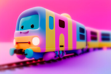 Fototapeta premium Children's train in motion on rails. Bright colorful toy train on pink and purple background. Generative AI 