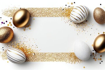 White and gold colored Easter eggs on white background with copy space. Illustration AI