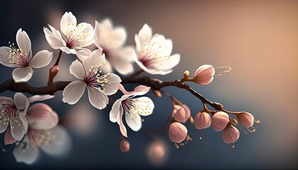 Obraz na płótnie Canvas Closeup of spring seasonal cherry blossom flower on bokeh background, illustration cherry blossom flower. Generative AI