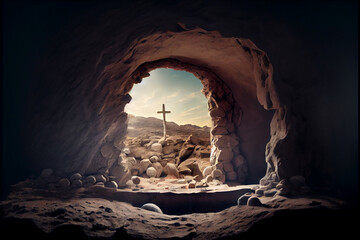 Resurrection Of Jesus Christ. Empty tomb of Jesus with cross in the background. Easter concept. Illustration AI