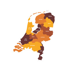 Netherlands political map of administrative divisions - provinces. Flat vector map with name labels. Brown - orange color scheme.