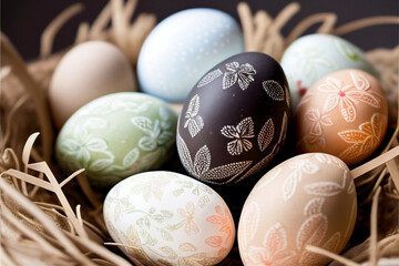 Bunch of beautiful painted Easter eggs in wooden nest. Traditional Easter background. Illustration AI
