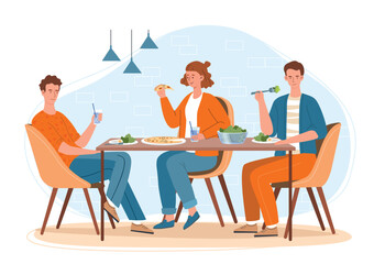 Dinner with friends. Men and woman sit at table with food and eat healthy meal, right nutrition. Rest after work or study. Group of friends in cafe, together at break. Cartoon flat vector illustration