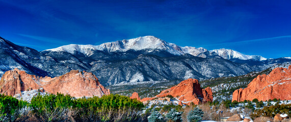 Pikes Peak Soaring over Garden of the Gods Panorama