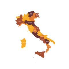 Italy political map of administrative divisions - regions. Flat vector map with name labels. Brown - orange color scheme.