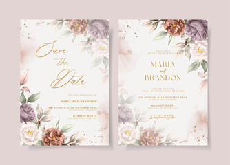 Watercolor wedding invitation template set with beautiful floral and leaves decoration