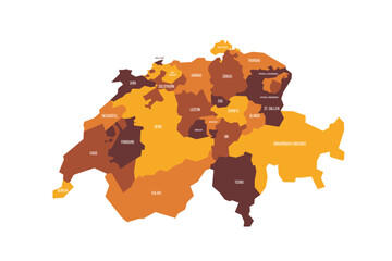 Switzerland political map of administrative divisions - cantons. Flat vector map with name labels. Brown - orange color scheme.