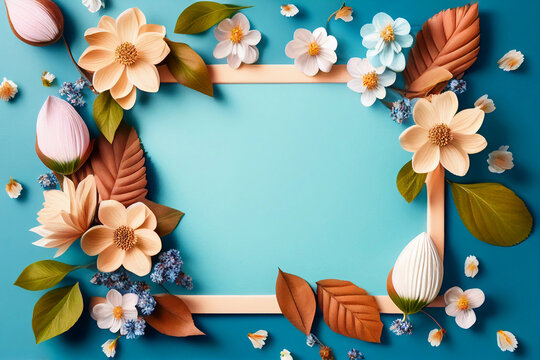 Empty blue picture frame with colorful spring flowers on blue background. Illustration AI