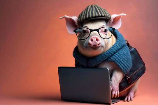 Studio photo portrait of a happy pig in hipster clothes working on laptop, created with Generative AI technology