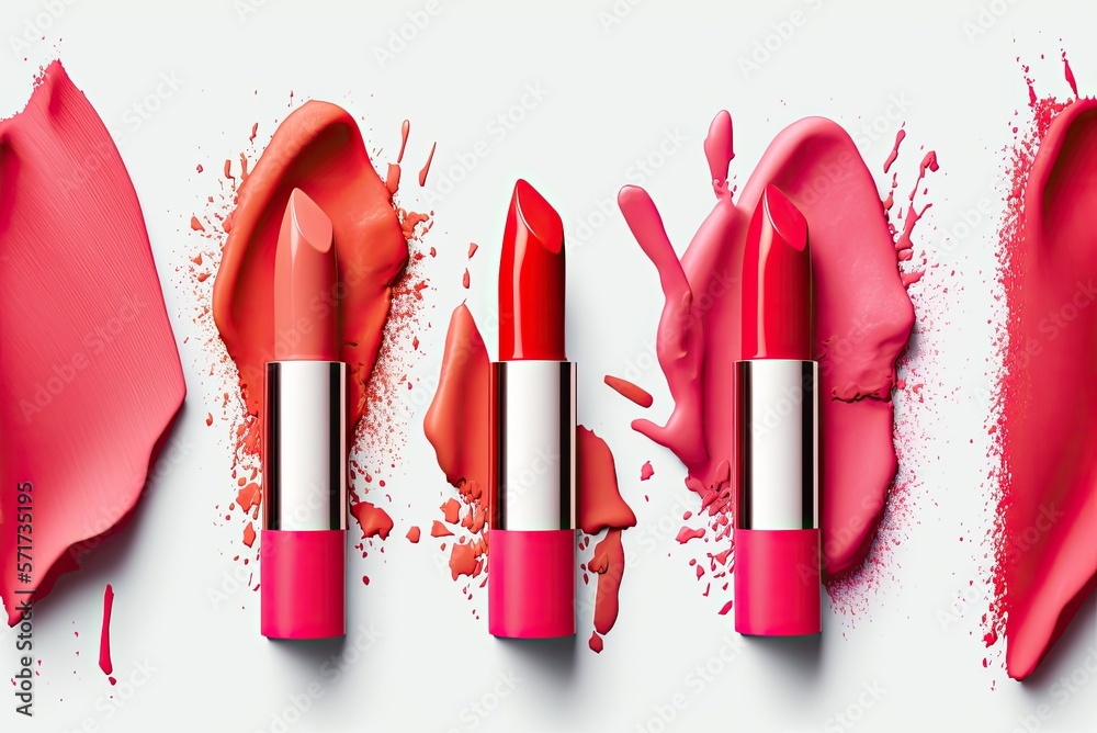 Wall mural Top view of the variation of feminine lipsticks in different shades with smudge effect on the white background. AI generative