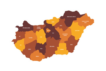 Hungary political map of administrative divisions - counties and autonomous city of Budapest. Flat vector map with name labels. Brown - orange color scheme.