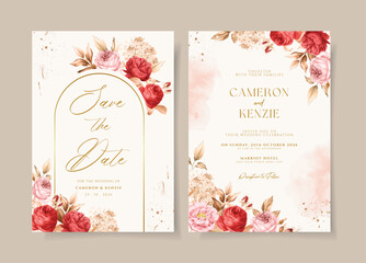 Boho wedding invitation template set with romantic red and pink dried floral and leaves decoration