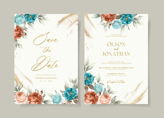 Wedding invitation template set with romantic rust and teal floral and leaves decoration