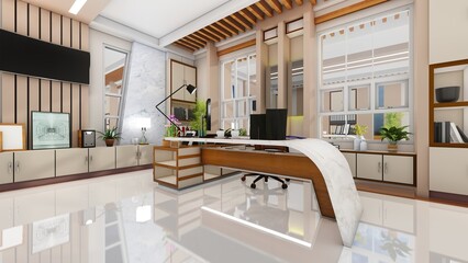 CEO office brown interior with bookshelves, modern style. 3d renders