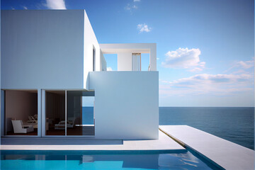 Beautiful contemporary residential villa with modern architecture, swimming pool and sea view. Generative AI illustration