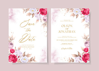 Watercolor wedding invitation template set with beautiful  floral and leaves decoration
