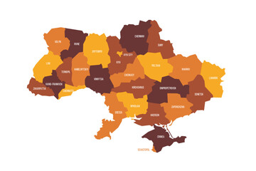 Ukraine political map of administrative divisions - regions, two cities with special status of Kyiv and Sevastopol, and autonomous republic of Crimea. Flat vector map with name labels. Brown - orange
