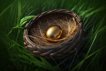 Treasured Nest: A Shimmering Golden Egg Rests in a Beautiful Wicker Basket