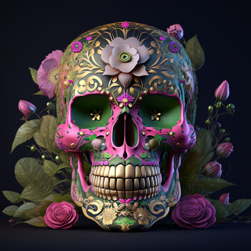 recommend clip art: Mexican skull calavera surrounded by poetic ornamental flowers. Generative AI illustration