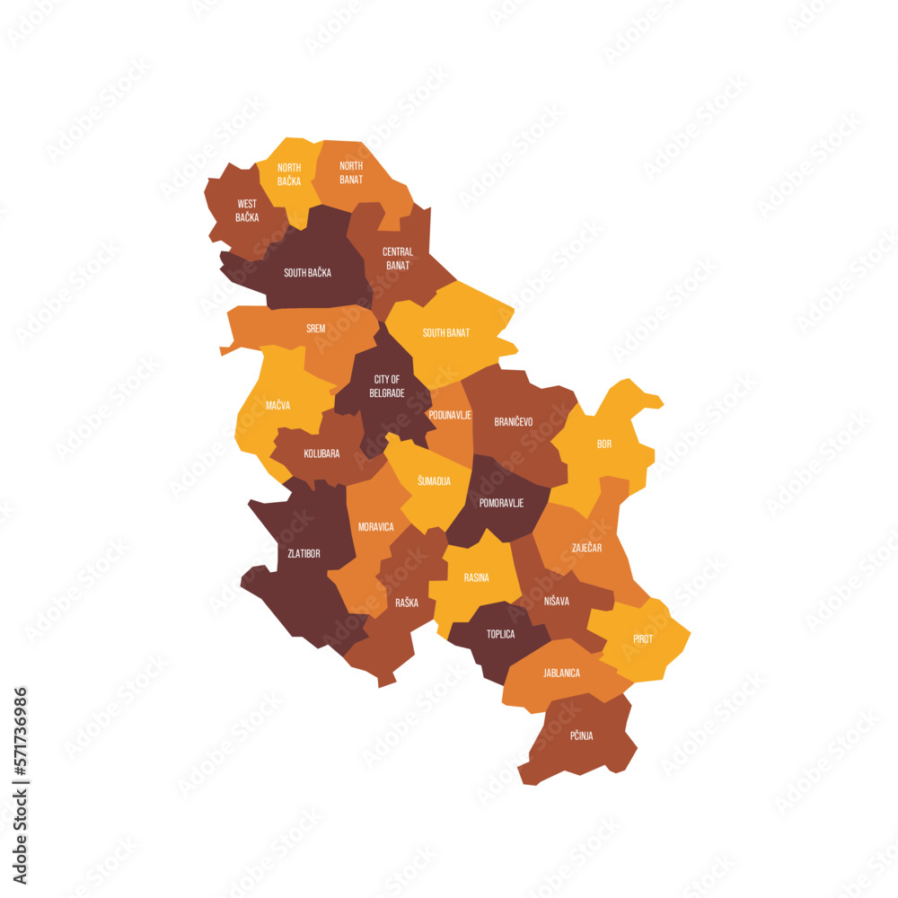Canvas Prints Serbia political map of administrative divisions - okrugs and autonomous city of Belgrade. Flat vector map with name labels. Brown - orange color scheme. - Canvas Prints