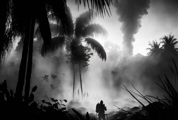 Artwork of World War Two jungle explosions. Black and white. Photorealistic image. Generative ai.