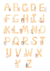 Watercolor hand painted english animal alphabet. Modern trendy lettering elements . ABC symbol, latin print poster. Design for baby wall art. Alphabet with cute animals, children design