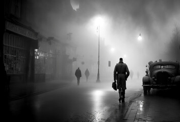 Artwork of historical World War Two city streets black and white photo. Smoke and fog.