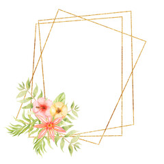 Watercolor tropical floral templates - bouquet and golden frame. Green leaves, blush flowers and gold border. For wedding stationary, greetings, wallpapers, fashion, background.