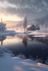 Fototapeta na wymiar Photorealistic artwork of the most beautiful and perfect winter sunrise. Generative ai.