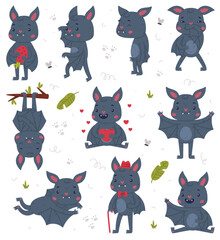 Cute friendly bat activities set. Halloween symbol. Funny mascot character cartoon vector illustration