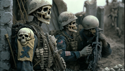 Photorealistic artwork of skeleton soldiers representing the realities of warfare. Generative ai.