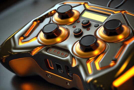 Futuristic gaming controller design concept. Gold, grey and colors. Colorful, futuristic, photorealistic. Generative ai.
