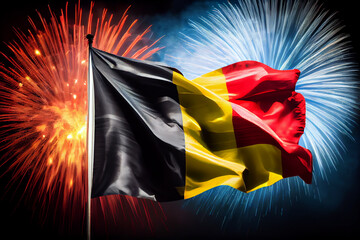 Flag of Belgium and Holiday fireworks in majestic sky of National Independence day