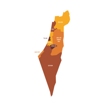 Israel political map of administrative divisions - districts, Gaza Strip and Judea and Samaria Area. Flat vector map with name labels. Brown - orange color scheme.