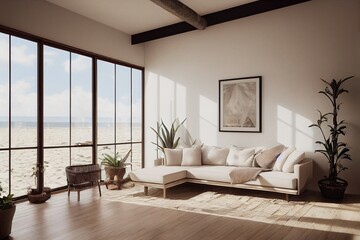 Fototapeta na wymiar Luxurious Modern Beach house interior Living room with ocean views large windows natural daylight Summer Spring Vibes minimal staged furniture made with Generative Ai