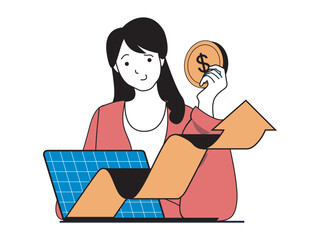 Digital business concept with character situation. Businesswoman improves work processes in company and gets profit growth and profit. Vector illustrations with people scene in flat design for web