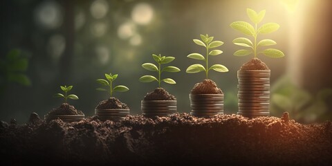 Illustration of seedlings are growing on the coins stack ladder, natural green background with sunlight. Generated with AI. Suitable to use for money management, investment or saving background,