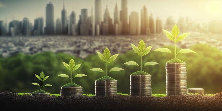 Illustration of seedlings are growing on the coins stack ladder, green city background with sunlight. Generated with AI. Suitable to use for money management, investment or saving background,