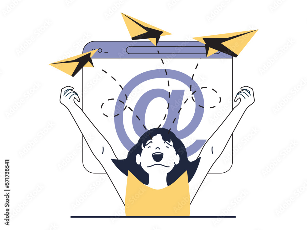 Poster digital marketing concept with character situation. woman makes advertising mailing with offers for 